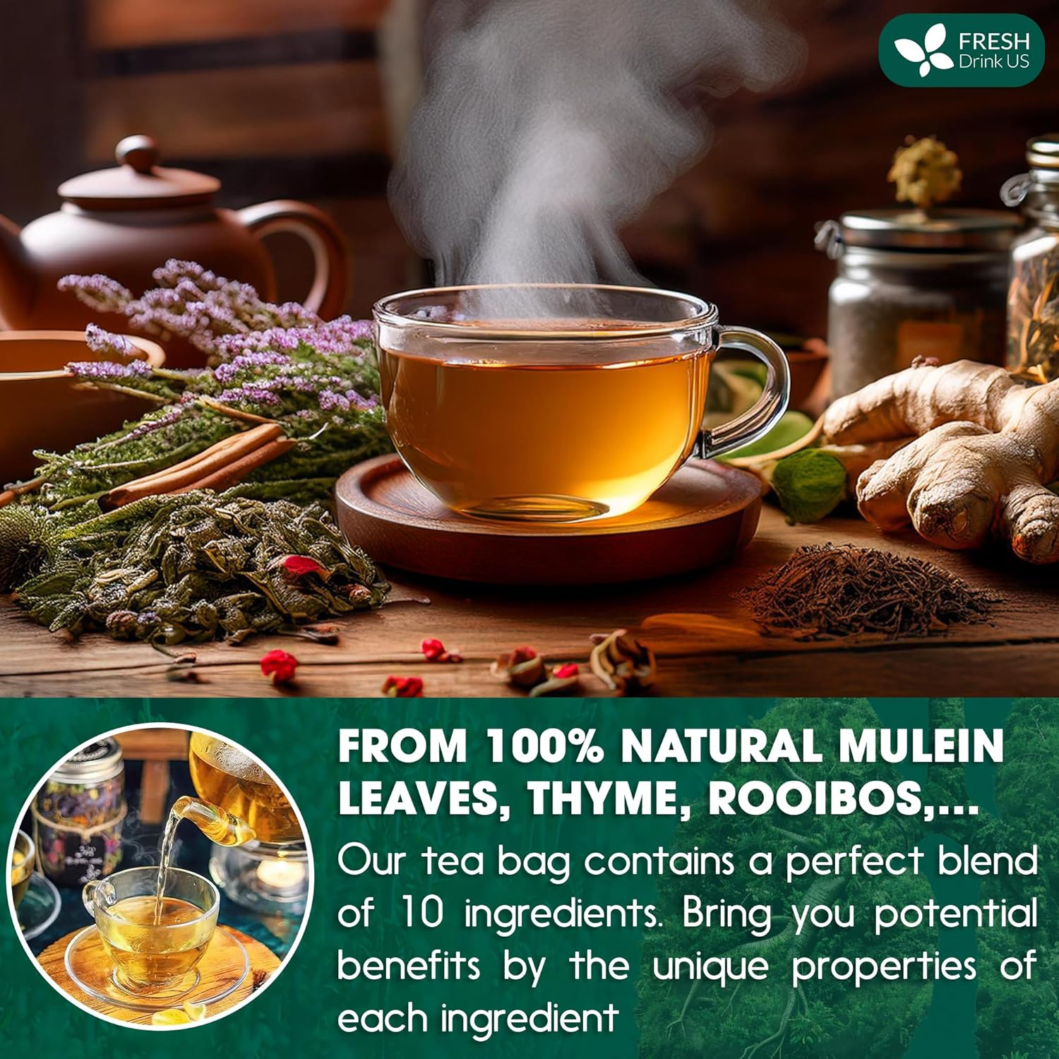 FreshDrinkUS, StrongerLungs 40 Tea Bags - Mullein Leaf, Ginseng, Elderberry, Ginger & Thyme - Supports Lung Cleanse, Congestion Relief & Mucus Detox - Caffeine-Free & All-Natural