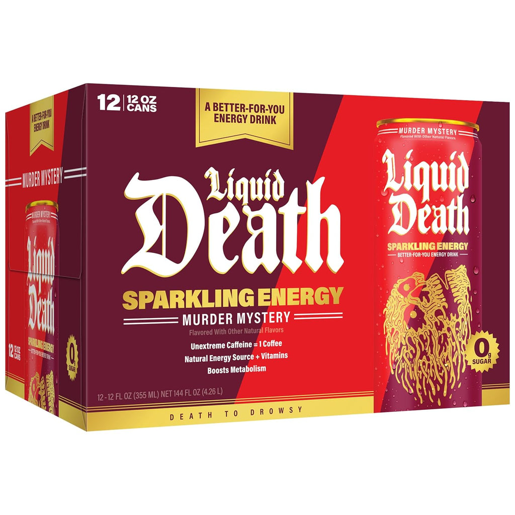 Liquid Death Sparkling Energy - Murder Mystery (Cherry Vanilla and Spice Flavor), Sugar-Free Energy Drink, Unextreme Caffeine 100mg, Essential Vitamins, 12 Fl Oz (Pack of 12)