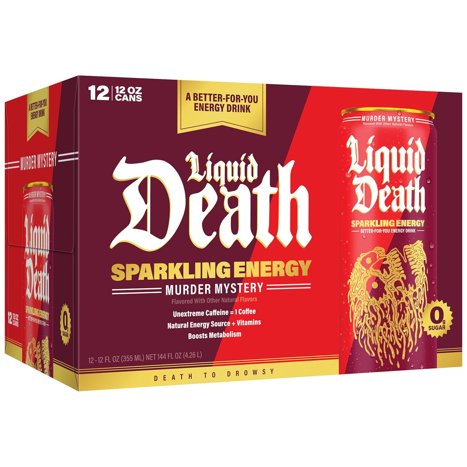 Liquid Death Sparkling Energy - Murder Mystery (Cherry Vanilla and Spice Flavor), Sugar-Free Energy Drink, Unextreme Caffeine 100mg, Essential Vitamins, 12 Fl Oz (Pack of 12)