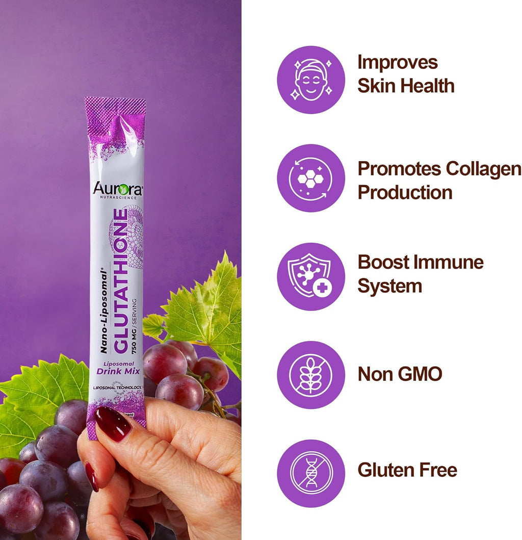 Aurora Nutrascience Nano-Liposomal Glutathione, Grape Powdered Drink Mix Immune & Antioxidant Gut Health Support Supplement, 750 mg per Serving, Non-GMO, Sugar-Free, 10 Single Serve Packets