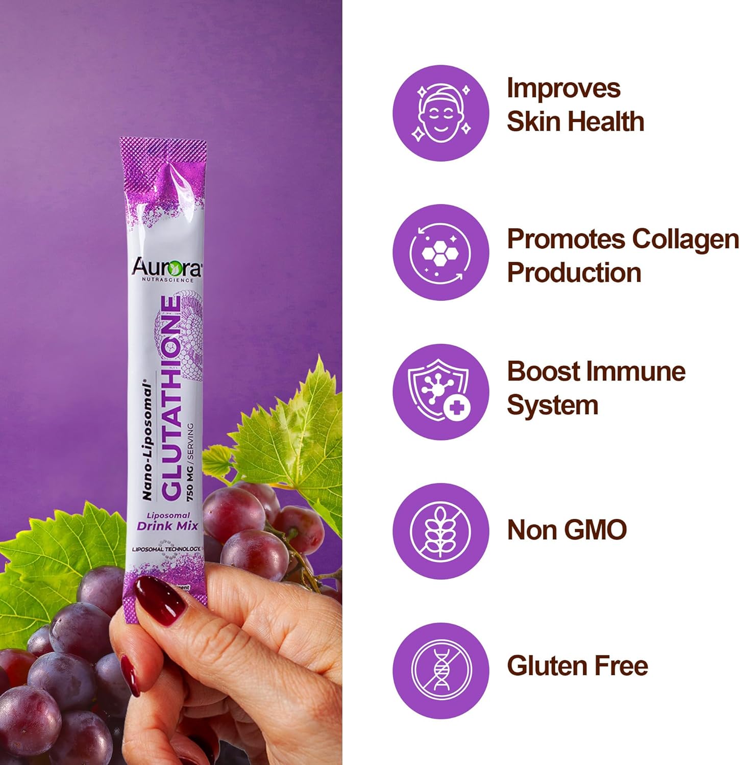 Aurora Nutrascience Nano-Liposomal Glutathione, Grape Powdered Drink Mix Immune & Antioxidant Gut Health Support Supplement, 750 mg per Serving, Non-GMO, Sugar-Free, 30 Single Serve Packets