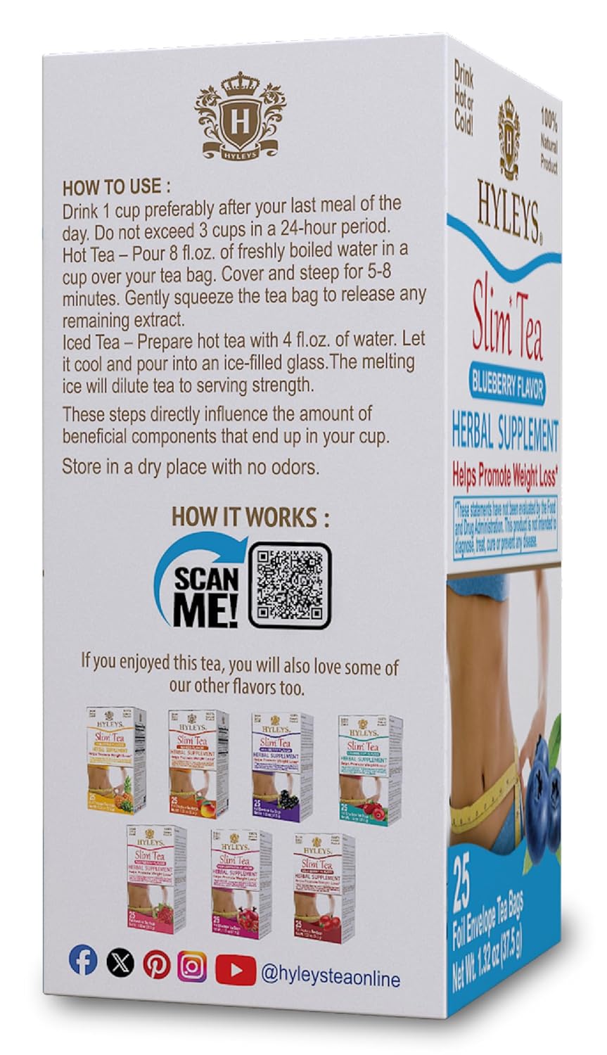 Hyleys Slim Tea Blueberry Flavor - Weight Loss Herbal Supplement Cleanse and Detox - 25 Tea Bags (1 Pack)