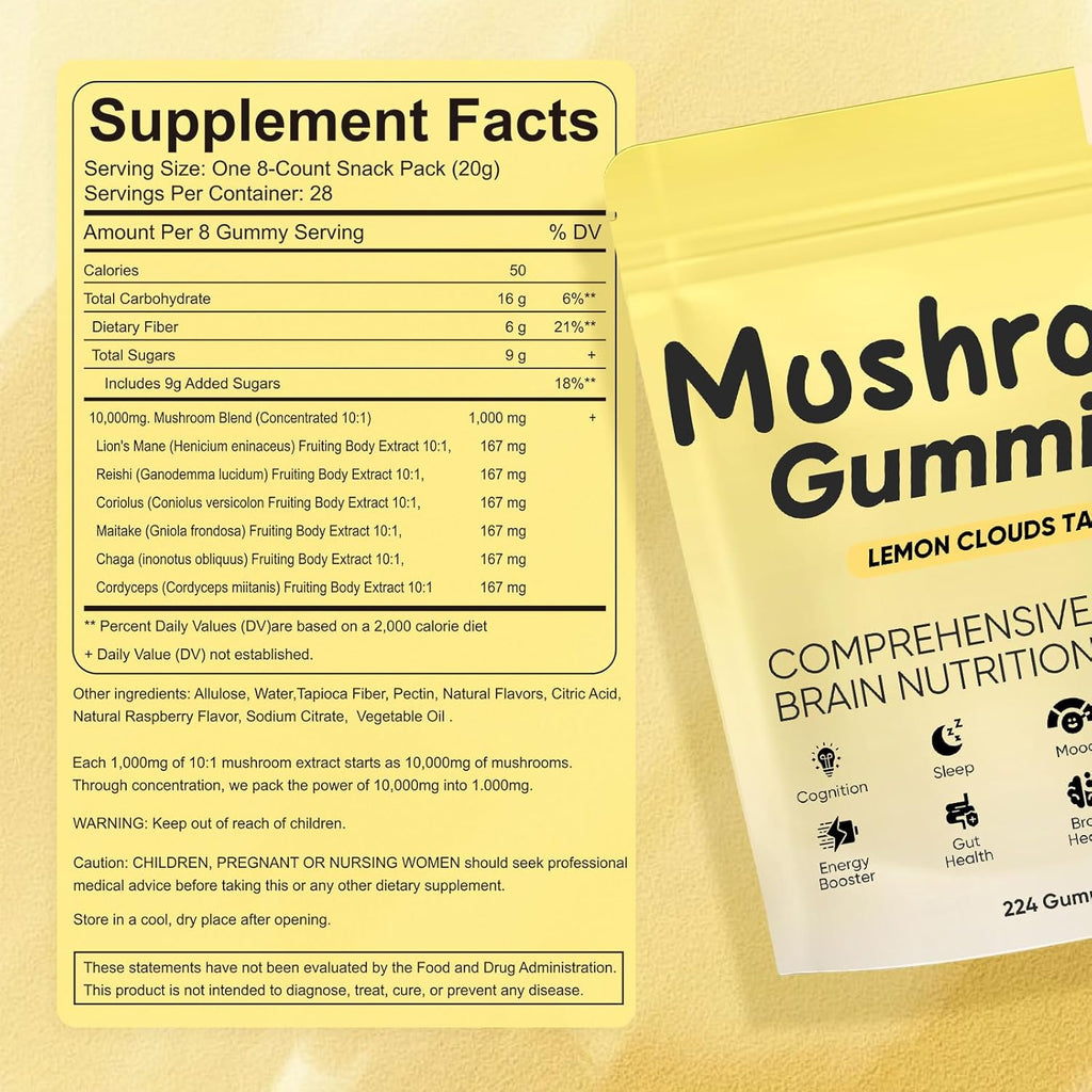 Lions Mane Mushroom Gummies – 10,000 mg Adaptogenic Mushroom Complex per Serving, Vegan, Low Sugar/Sugar-Free, Brain & Focus Support Supplement, 28 Daily Sachets