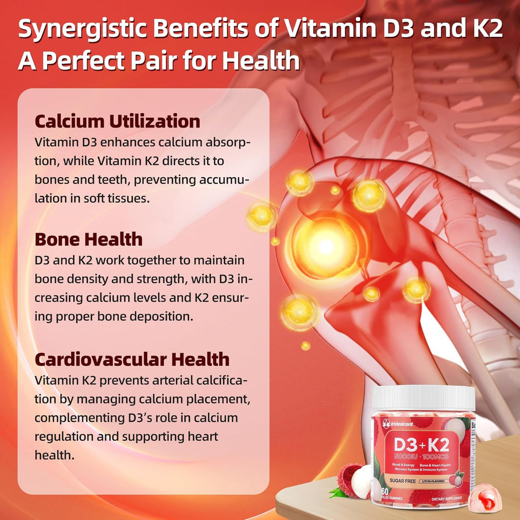 Vitamin D3 K2 Gummies w/Magnesium Sugar Free - 60 Count | D3 Vitamin 5,000 IU + K2(MK-7) 100 mcg - Vegan K2 D3 Vitamin Supplement, Highly Absorbent Supports Bone, Muscle, Mood & Immune(Lychee Flavor)