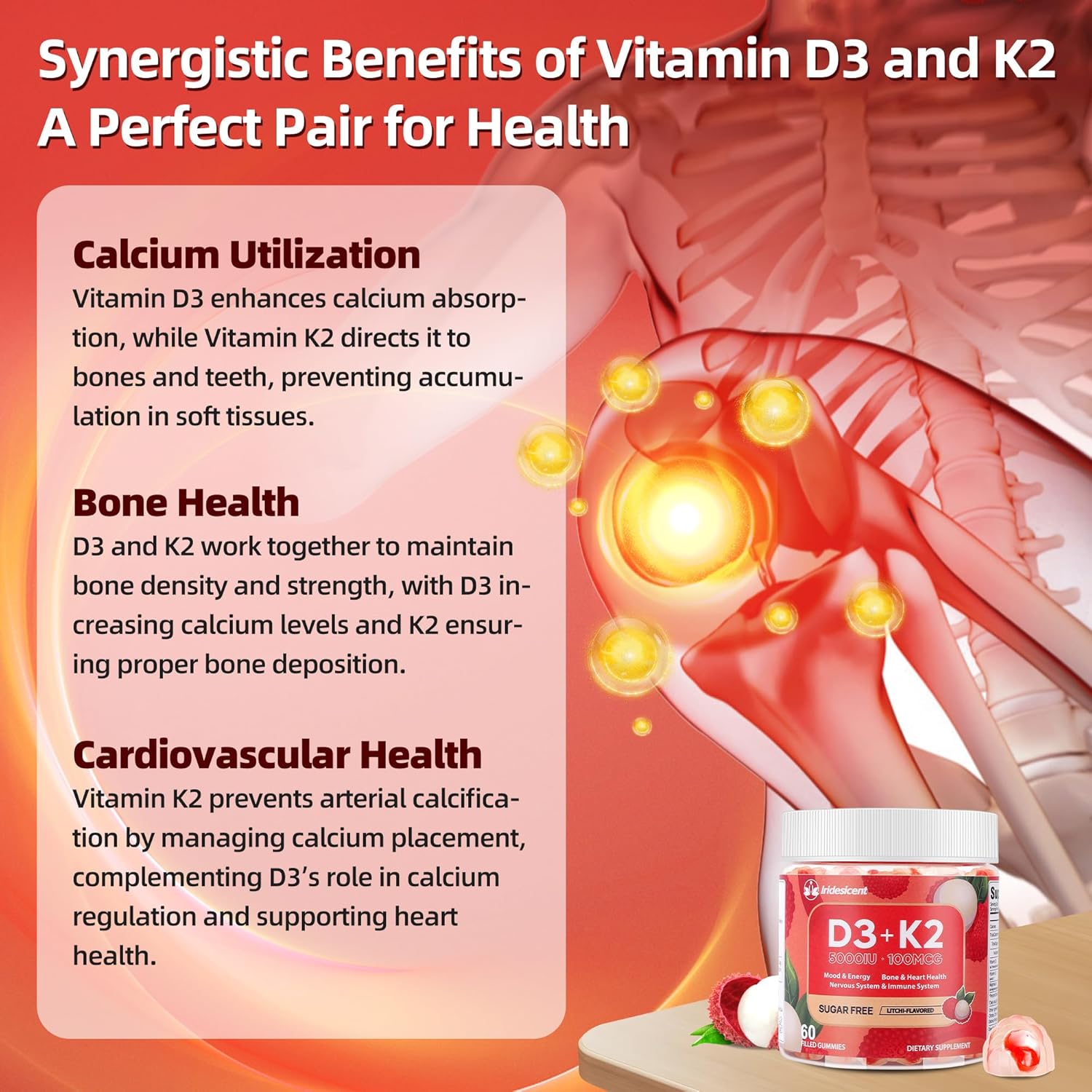 Vitamin D3 K2 Gummies w/Magnesium Sugar Free - 60 Count | D3 Vitamin 5,000 IU + K2(MK-7) 100 mcg - Vegan K2 D3 Vitamin Supplement, Highly Absorbent Supports Bone, Muscle, Mood & Immune(Lychee Flavor)