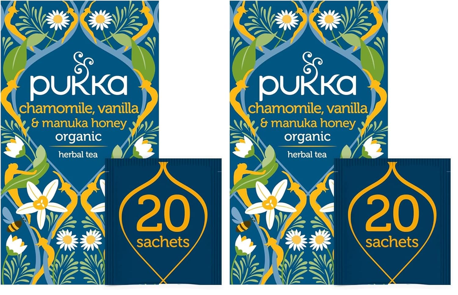 Pukka Calming Chamomile, Vanilla & Manuka Honey Organic Herbal Tea, Soothing Organic Tea Infusion Selection, Honey & Fennel Blend, Caffeine Free, 20 Total Tea Bags (Pack of 2)