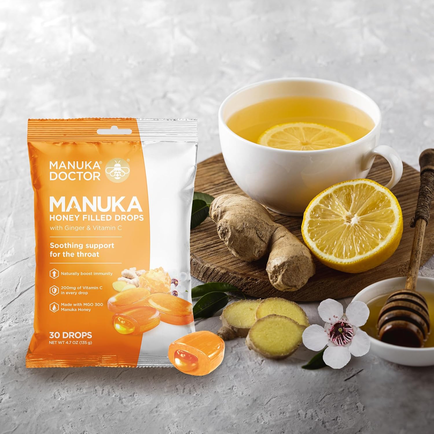 Manuka Doctor Cough Drops, Manuka Middles, 30 Drops Bag (Pack of 4), Throat Lozenges Infused, includes Raw Manuka Honey, Vitamin C, Ginger for Immune Support, Helps Soothe Sore Throat