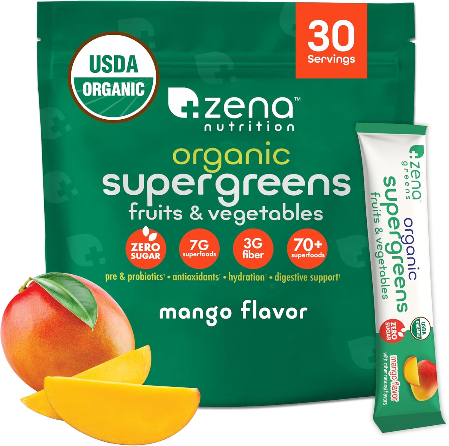 Zena Nutrition Organic Super Greens Powder, 70+ Superfoods, 0 Sugar, 3G Fiber, Spirulina, Chlorella, Mushrooms, Prebiotics/Probiotics, Digestive Enzymes for Gut Health, Mango, 30 Drink Mix Packets