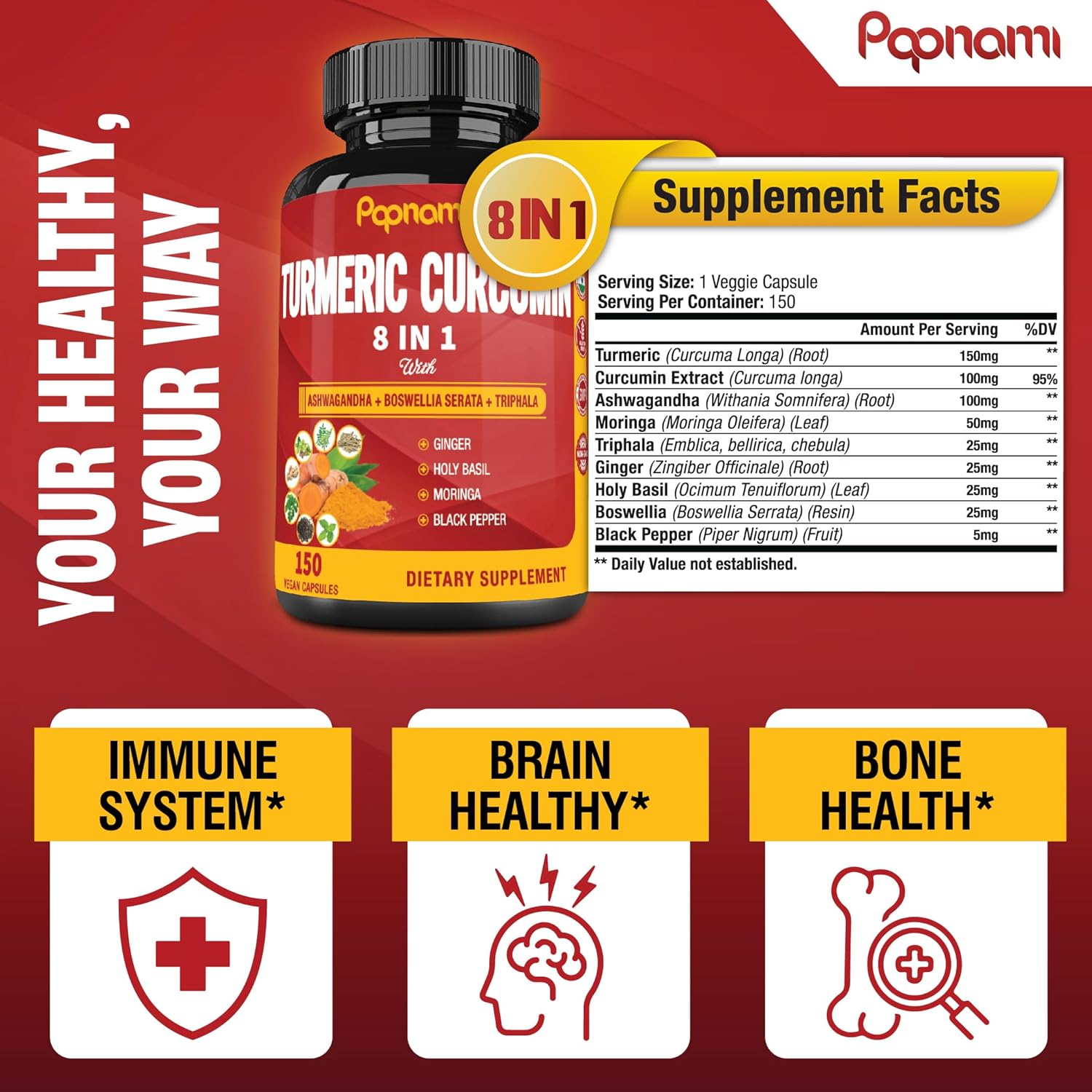 Turmeric Curcumin Capsules - with Ashwagandha, Boswellia, Triphala, Ginger, Holy Basil, Moringa, and Black Pepper - 150 Pills 5 Month Supply