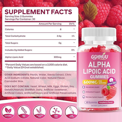 2 Pack Alpha Lipoic Acid Gummies 600mg, High Absorption Chewable ALA Supplement, Raspberry Flavor, Vegan, Sugar Free, 120 Count