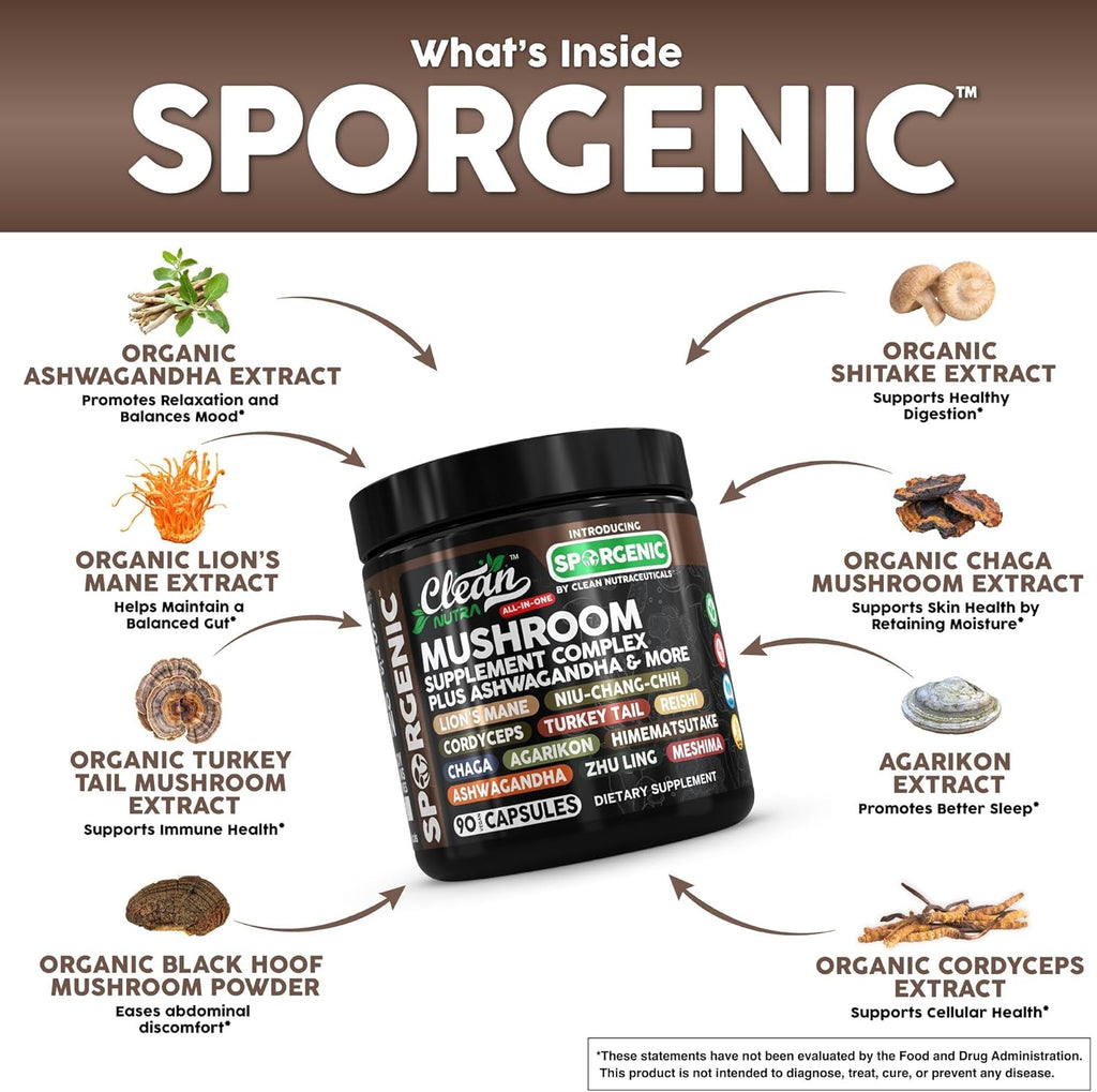 Organic Mushroom Supplement | Ashwagandha Lions Mane Cordyceps Turkey Tail Reishi Mushrooms Maca Root Black Hoof Chaga Tremella Agarikon Shiitake Oyster Powder Capsules Sporgenic by Clean Nutra (1)