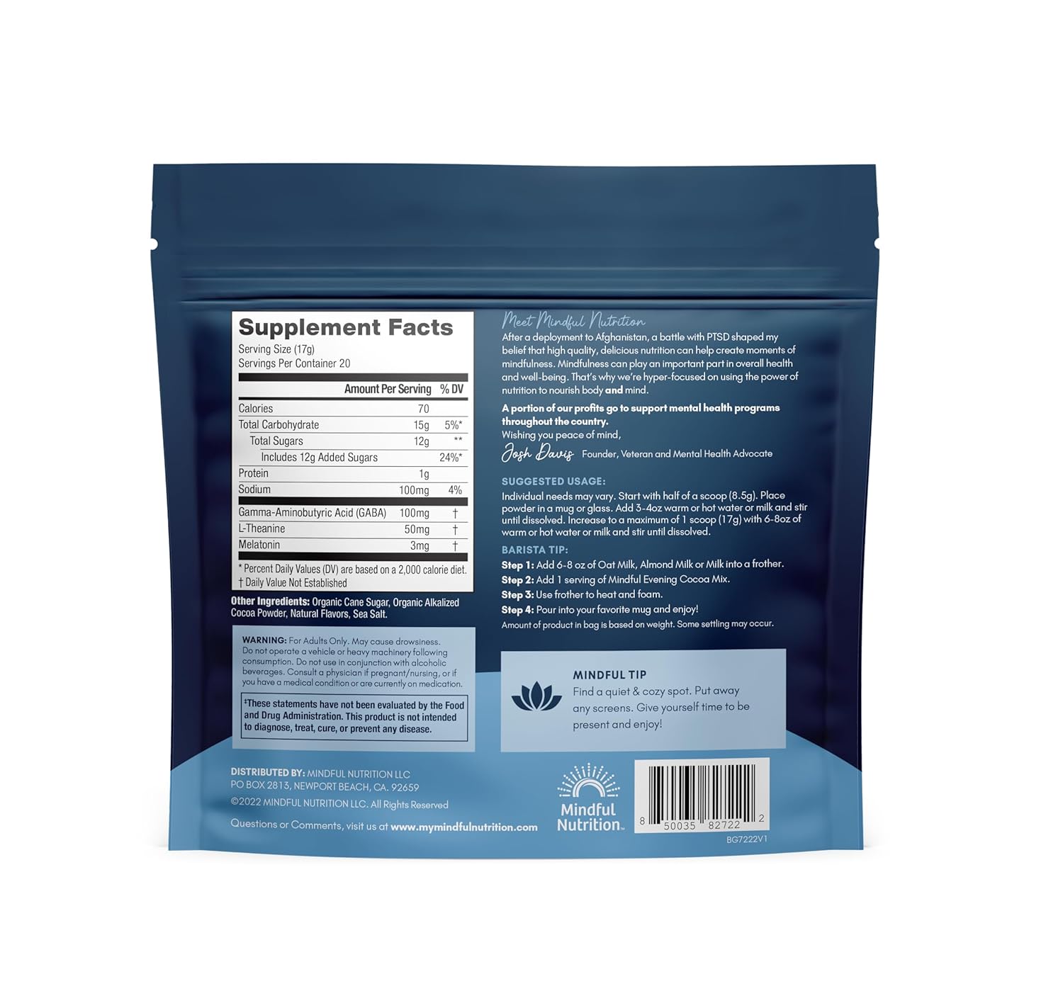 Mindful Evening Peppermint Cocoa Mix Natural Sleep Aid, Melatonin 3mg, L-Theanine, GABA Supplements, Natural Calm Sleep Support Stress Relief Calm Sleepy Cocoa Nighttime Peppermint Hot Chocolate