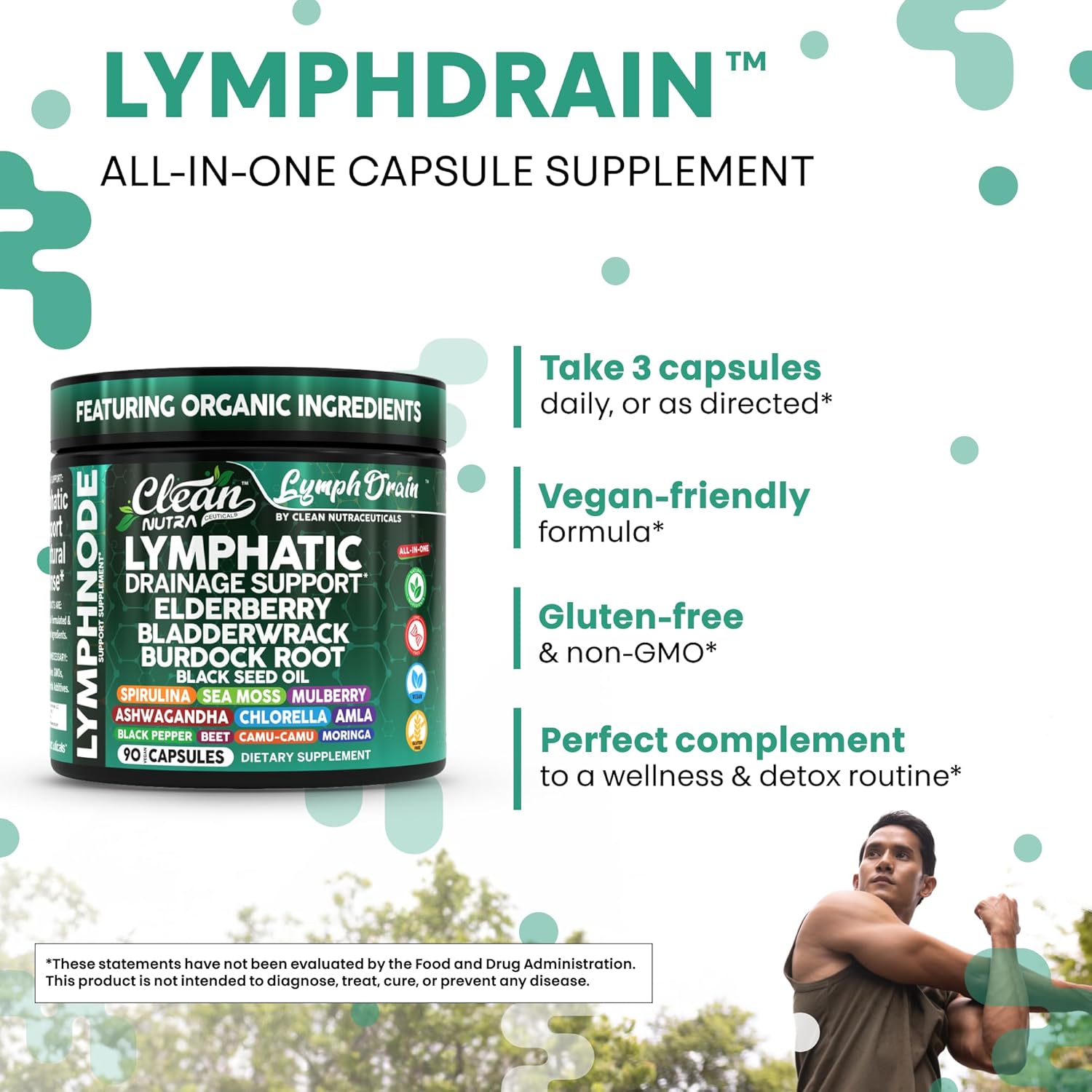 Organic Lymphatic Drainage Supplements | Elderberry Bladderwrack Burdock Root Black Seed Oil Spirulina Sea Moss Ashwagandha Chlorella Amla Beet Moringa Chlorophyll Lymph System Capsules By Clean Nutra