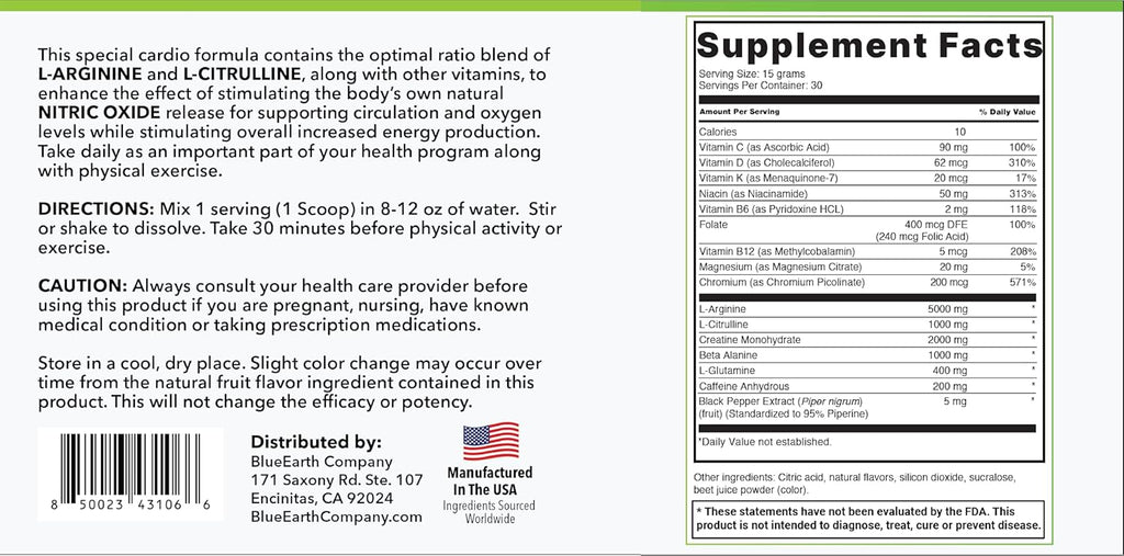 L-Arginine 5000mg + L-Citrulline Complex Powder Supplement Drink Mix - Nitric Oxide Booster for Heart Health, Blood Flow & Energy - 30 Servings (Strawberry Banana)