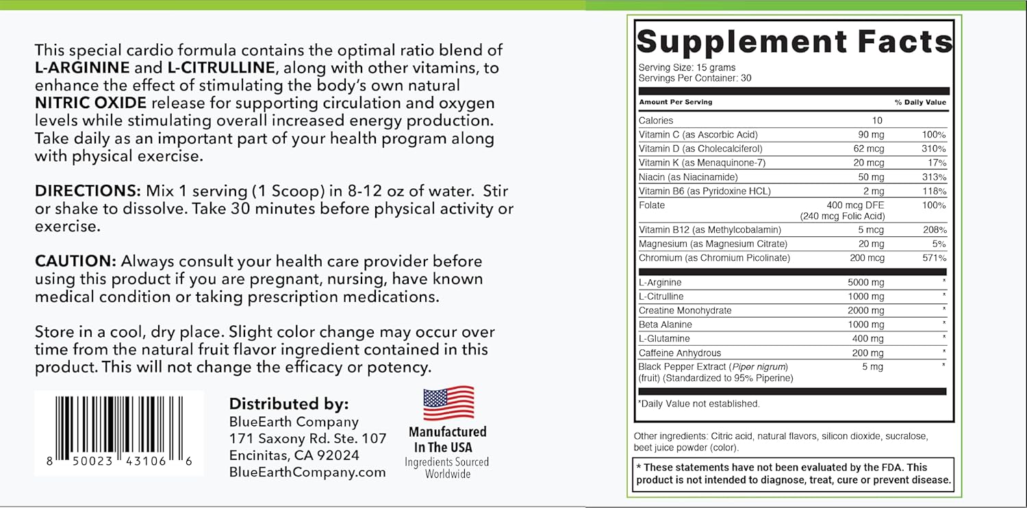 L-Arginine 5000mg + L-Citrulline Complex Powder Supplement Drink Mix - Nitric Oxide Booster for Heart Health, Blood Flow & Energy - 30 Servings (Strawberry Banana)