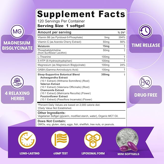 Liposomal Time Release Melatonin + Magnesium Sleep Supplement, Natural Calm Sleep Aids for Adults, 15mg 30mg Melatonin Extended Release Pills w/ GABA, 5-HTP, Ashwagandha & L-Theanine, 120 Softgels