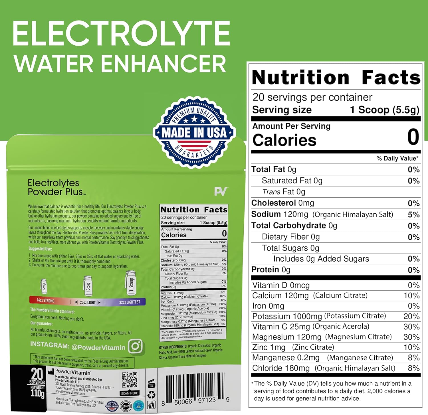 PowderVitamin Electrolytes Powder Plus (20 Servings) Lemonade Electrolyte Powder, No Maltodextrin, Keto,Sugar Free,Pink Himalayan Salt,1000mg Potassium,120mg Calcium,120mg Magnesium,Hydration Powder