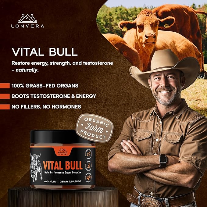 Vital Bull Beef Organ Supplement for Men with Grass Fed Liver, Testicle, Prostate & Bone Marrow – Freeze Dried Beef Organ Capsules for Nutrient Support – 30 Day Supply