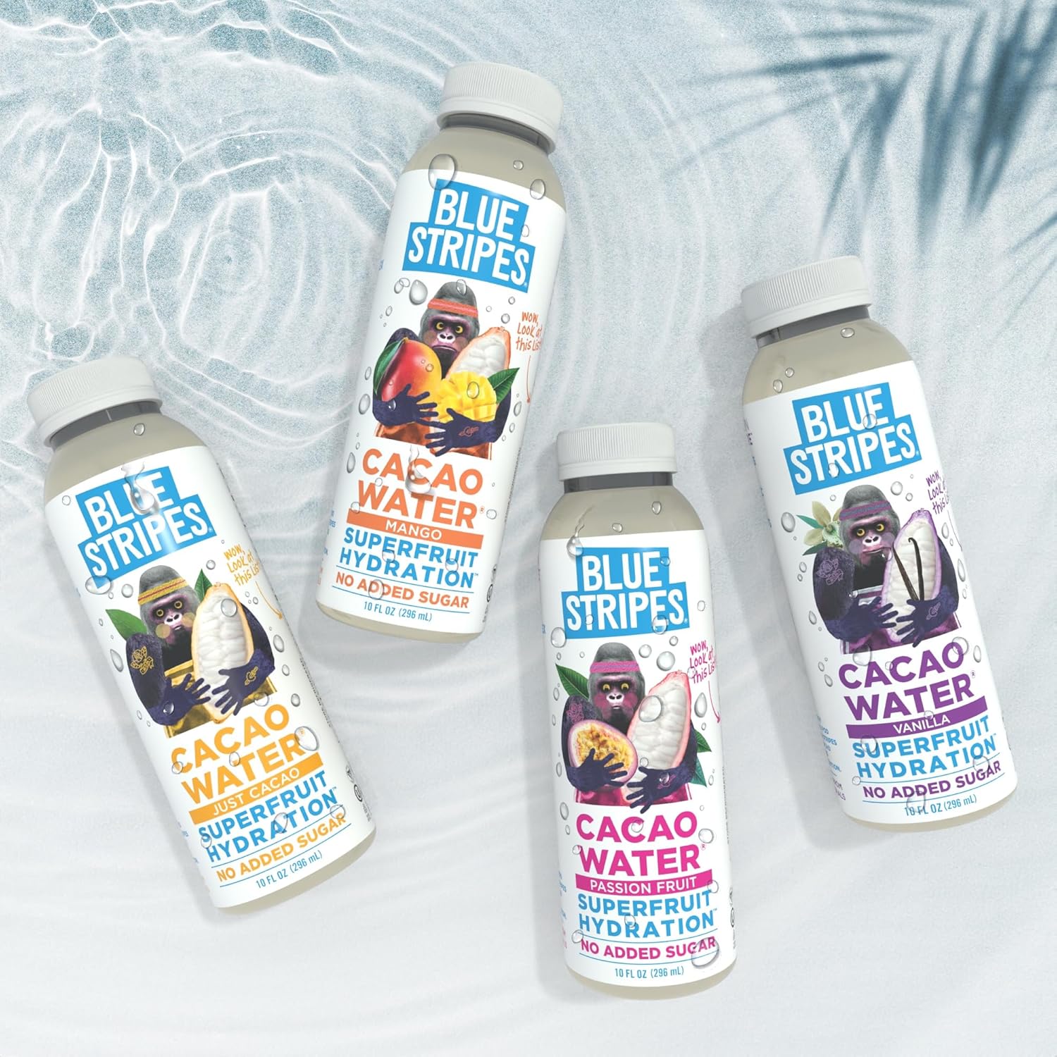Blue Stripes Cacao Water - Cold Pressed Superfruit Hydration with Electrolytes & Antioxidants, No Sugar Added, All Natural, Great for Protein Shakes & Smoothies - Just Cacao, 12 Pack
