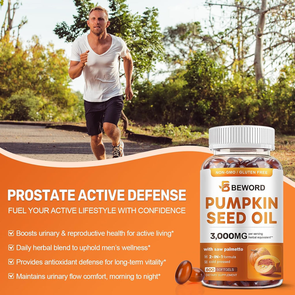 Pumpkin Seed Oil with Saw Palmetto Softgels, 3000mg Per Serving, 600 Softgels | Cold-Pressed with Essential Fatty Acids & Phytosterols | Supports Hair, Urinary, Bladder & Prostate Health | Non-GMO