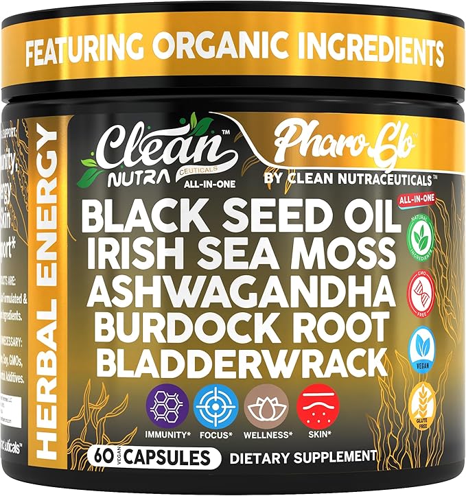 Clean Nutra Black Seed Oil Capsules + Sea Moss Ashwagandha Burdock Root Bladderwrack Seaweed Skin Detox Stress Relief Immune Support Focus Supplement Nigella Sativa 60 Pills