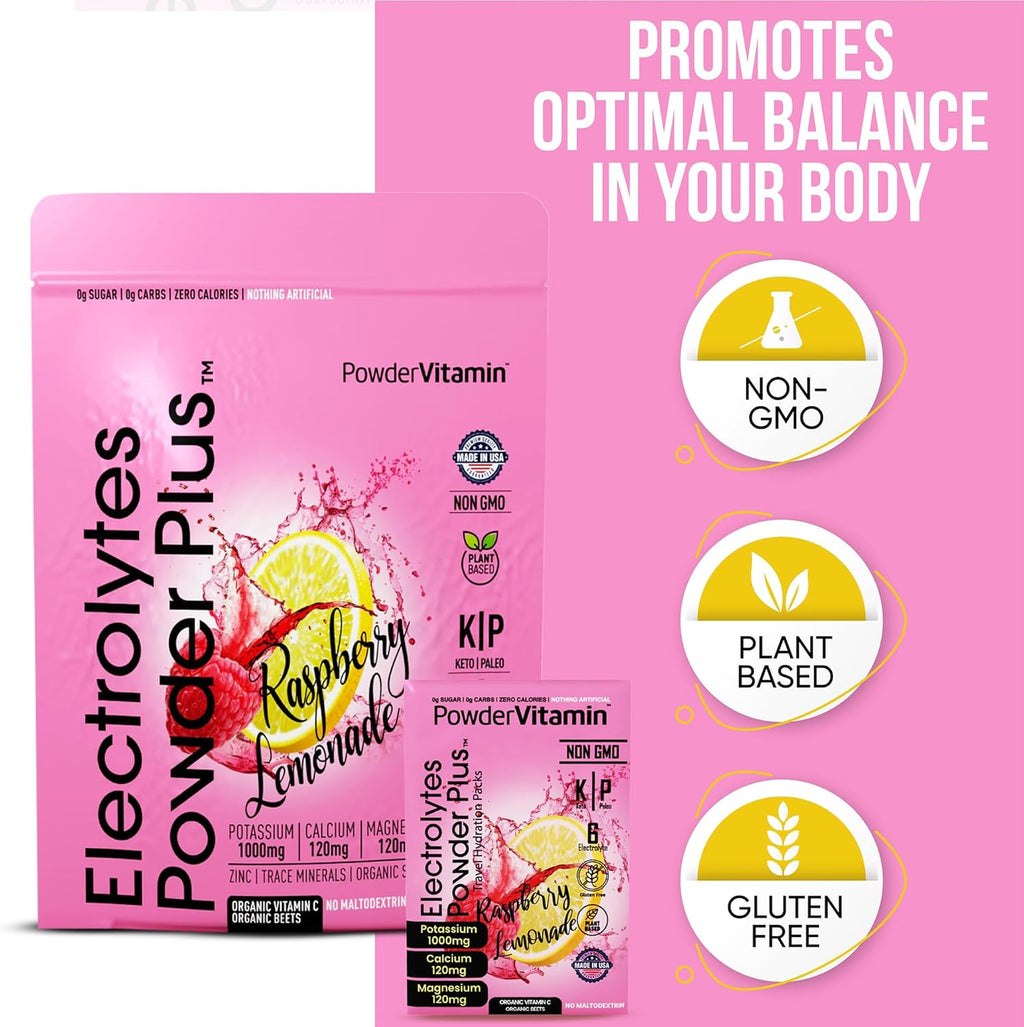 PowderVitamin Electrolytes Powder Plus, Keto, Raspberry Lemonade, Sugar Free, Pink Himalayan Salt, 1000mg Potassium, 120mg Calcium, 120mg Magnesium, Non-GMO, Zero Calories, (16 Hydration Packets)