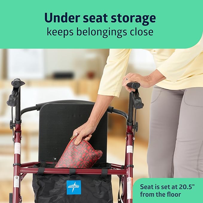 Medline Steel Rollator Walker with Seat, Burgundy, 350 lb. Weight Capacity, 6” Wheels, Foldable, Adjustable Handles, Rolling Walker for Seniors, Walker for Mobility Impaired