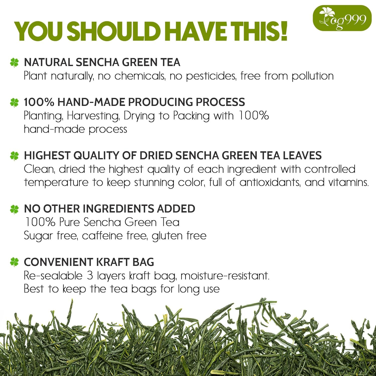 TOG999, Premium 120 Sencha Green Tea Bags, 100% Natural & Pure from Sencha Green Tea Leaves. Loose Leaf Sencha Herbal Tea. No Sugar, No Gluten, Vegan.