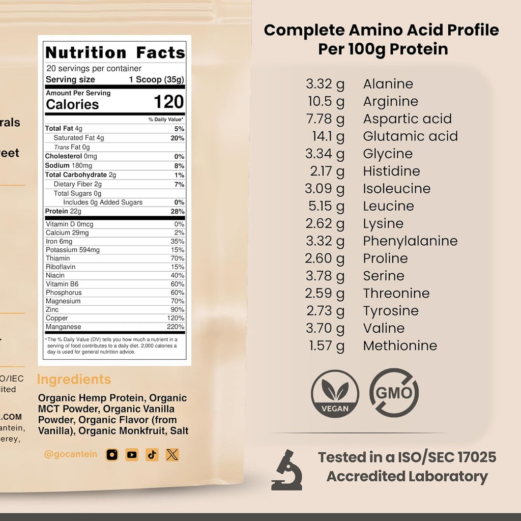 Organic Hemp Protein, Vegan Protein Powder, Clean Plant Based Protein Powder, Non Dairy Protein, Lactose Free Natural Protein, Gluten Free- 20 Servings, Vanilla