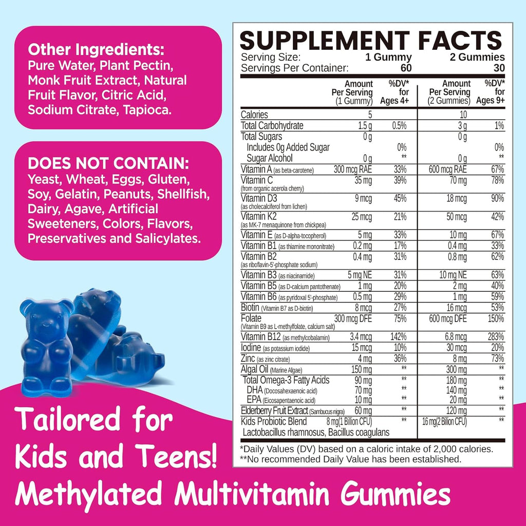 Kids Methylated Multivitamin - Chewable Multivitamin for Kids & Teens 4+, With L Methylfolate, Vegan Omega-3, Zinc, Probiotics & Elderberry, Immune Support, Brain Health, MTHFR Supplement, Sugar-Free