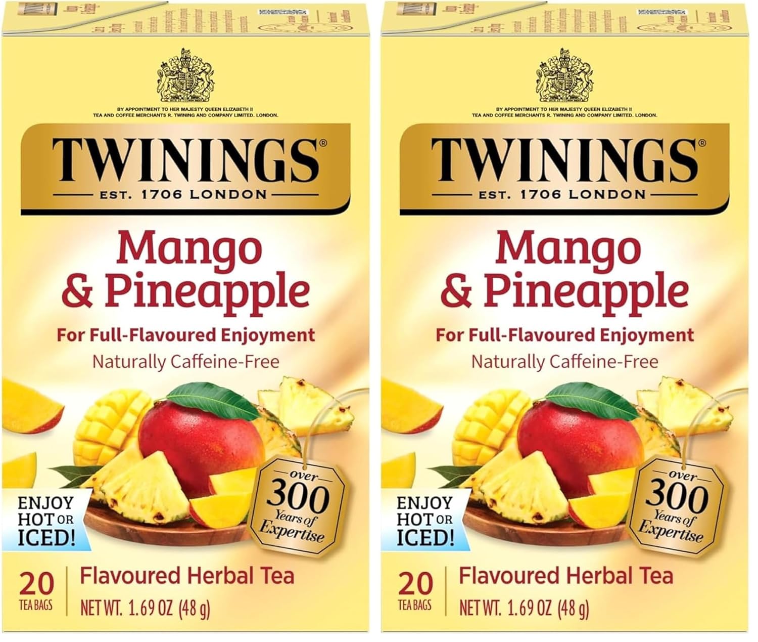 Twinings Mango & Pineapple Herbal Tea Individually Wrapped Bags, 20 Count (Pack of 2), Naturally Caffeine-Free, Enjoy Hot or Iced, 20 Teabags