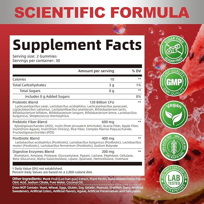 Pre Post Probiotics Gummies, 5 in 1 Probiotic Prebiotic Postbiotic Digestive Enzymes with Fiber, 120 Billion CFU Probiotics - Digestive Health, Sugar Free, Vegan, Watermelon, 60 Gummies