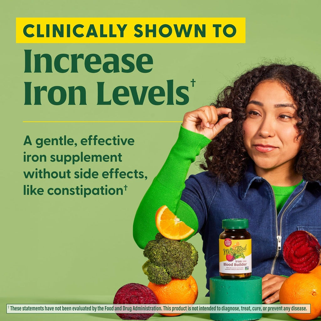 MegaFood Blood Builder Minis, Iron Supplement Clinically Shown to Increase Iron Levels Without Side Effects - Vegan Supplement with Vitamin C, Vitamin B12 & Folic Acid, 72 Tablets (36 Servings)