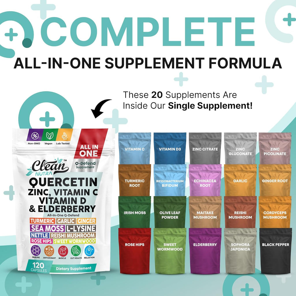 Q Defend Immune Support Supplement Quercetin Zinc Vitamin C Vitamin D Elderberry Turmeric Black Pepper Garlic Ginger Sea Moss Lysine Stinging Nettle Reishi Mushroom 120 Capsules by Clean Nutra
