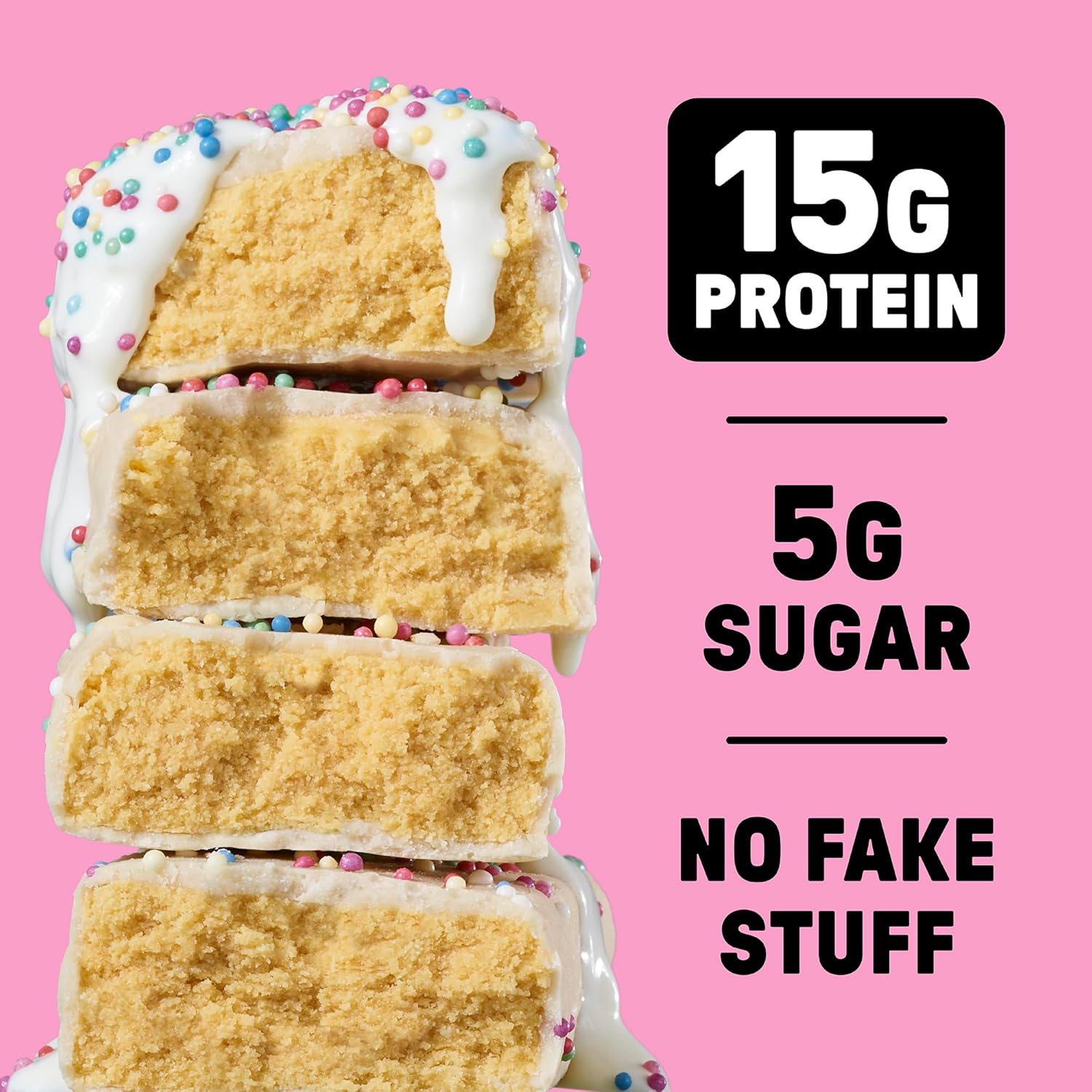 JUNKLESS Protein Bars - Birthday Cake - 15g Protein, Low Sugar, Gluten Free, High Fiber, Delicious Taste and Texture, Satisfying, Healthy Snack for Energy - 12 Bars