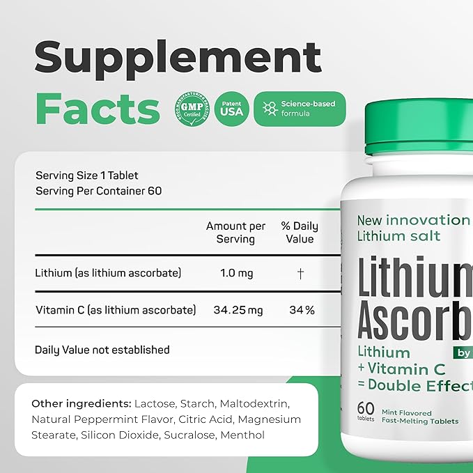 Lithium Ascorbate 1mg – Safe Alternative to Lithium Orotate – Microdose Lithium Supplement for Mood, Focus & Calm – Vitamin C Support – 60 Tablets – Made in USA