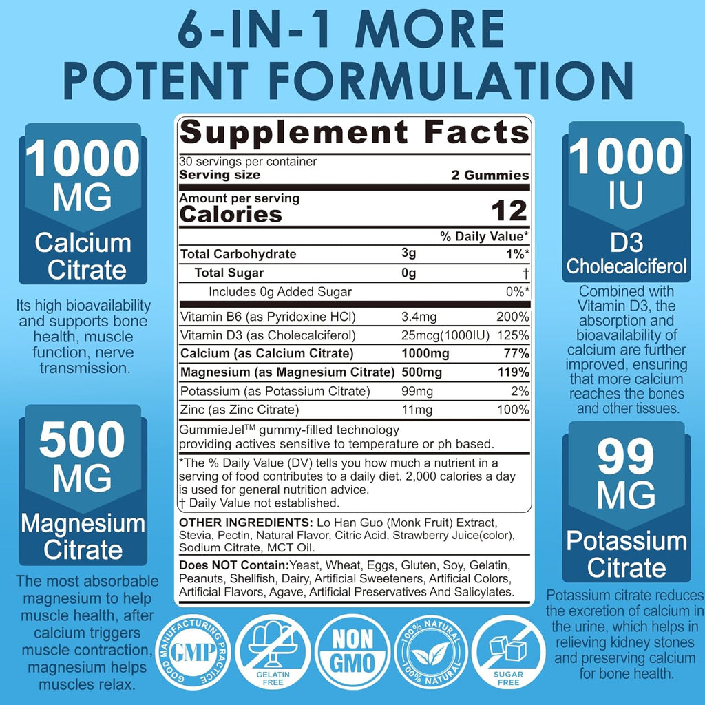 Calcium Citrate 1000mg, Calcium Gummies with Calcium & Magnesium 2:1 Ratio, Plus Vitamin D3, Zinc, B6 & Potassium – High Absorbable Calcium Chewable, Bone & Muscle Support, Vegan, Sugar-Free, 60Cts