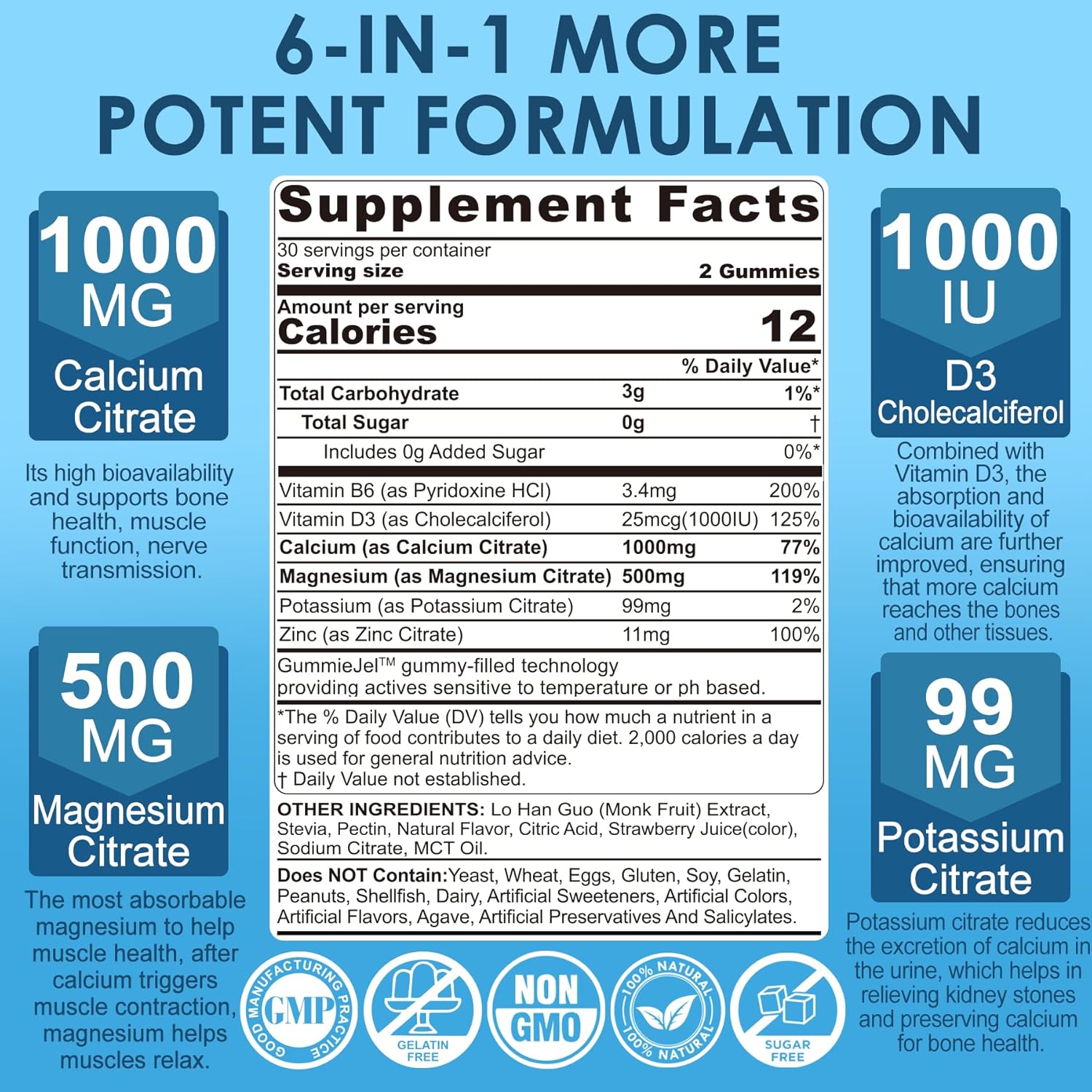 Calcium Citrate 1000mg, Calcium Gummies with Calcium & Magnesium 2:1 Ratio, Plus Vitamin D3, Zinc, B6 & Potassium – High Absorbable Calcium Chewable, Bone & Muscle Support, Vegan, Sugar-Free, 60Cts