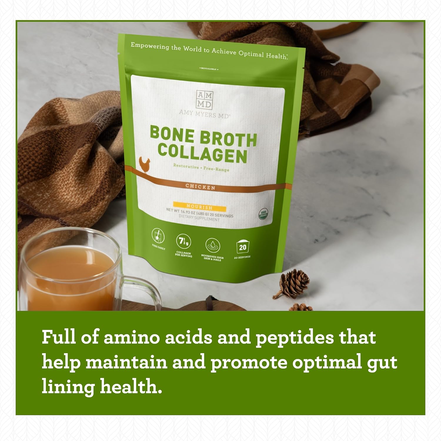 Amy Myers MD Bone Broth Collagen Powder - Organic Chicken Bone Broth - Supports Healthy Skin & Nails - for Gut Health & Joint Support - 20 Servings, Chicken Flavor