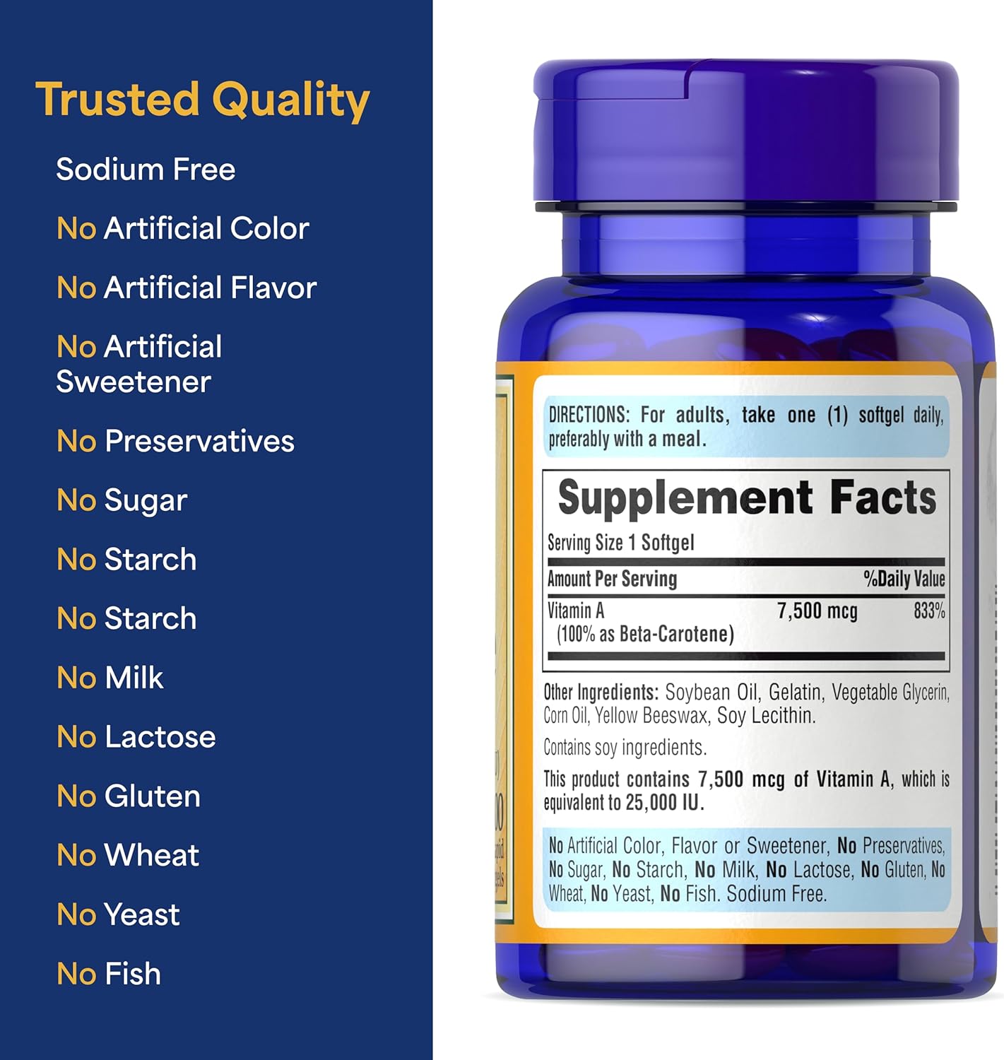 Puritan's Pride Beta Carotene Provitamin A 7,500mcg (25,000 IU), Vitamin Supplement for Immune System, Antioxidant and Eye Health Support, 100 Day Supply, 100 Rapid Release Softgels