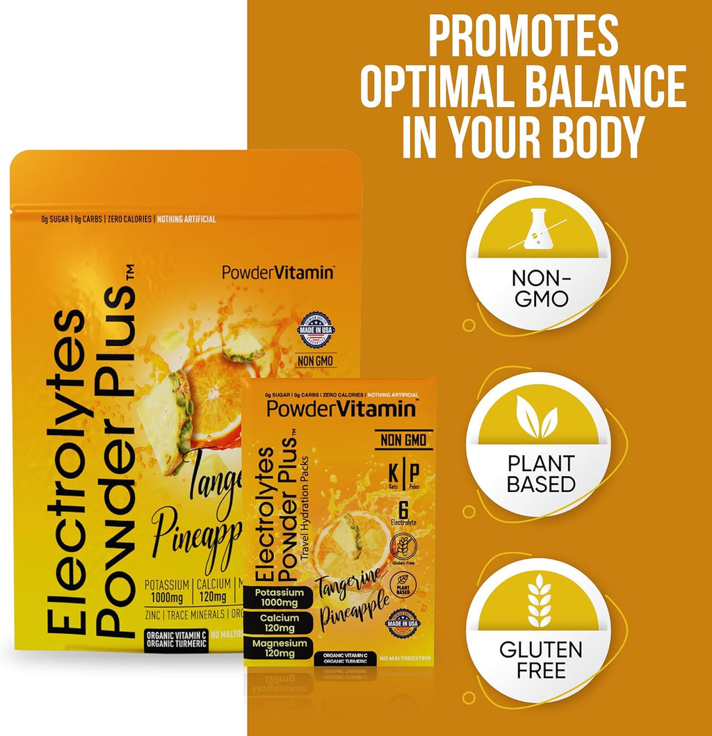 PowderVitamin Electrolytes Powder Plus, Keto, Tangerine Pineapple, Sugar Free, Pink Himalayan Salt, 1000mg Potassium, 120mg Calcium, 120mg Magnesium, Non-GMO, Zero Calories, (16 Hydration Packets)