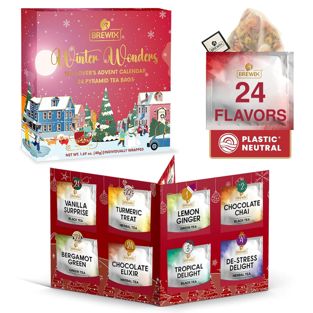 BREWIX, 2025 Advent Calendar Tea Bags | 24 Delightful Black & Green Tea Infusions in Pyramid Tea Bags - Holiday Gift Box | Christmas Gift Idea for Tea Lovers, Countdown Set | Holiday Variety Sampler for Tea Lovers