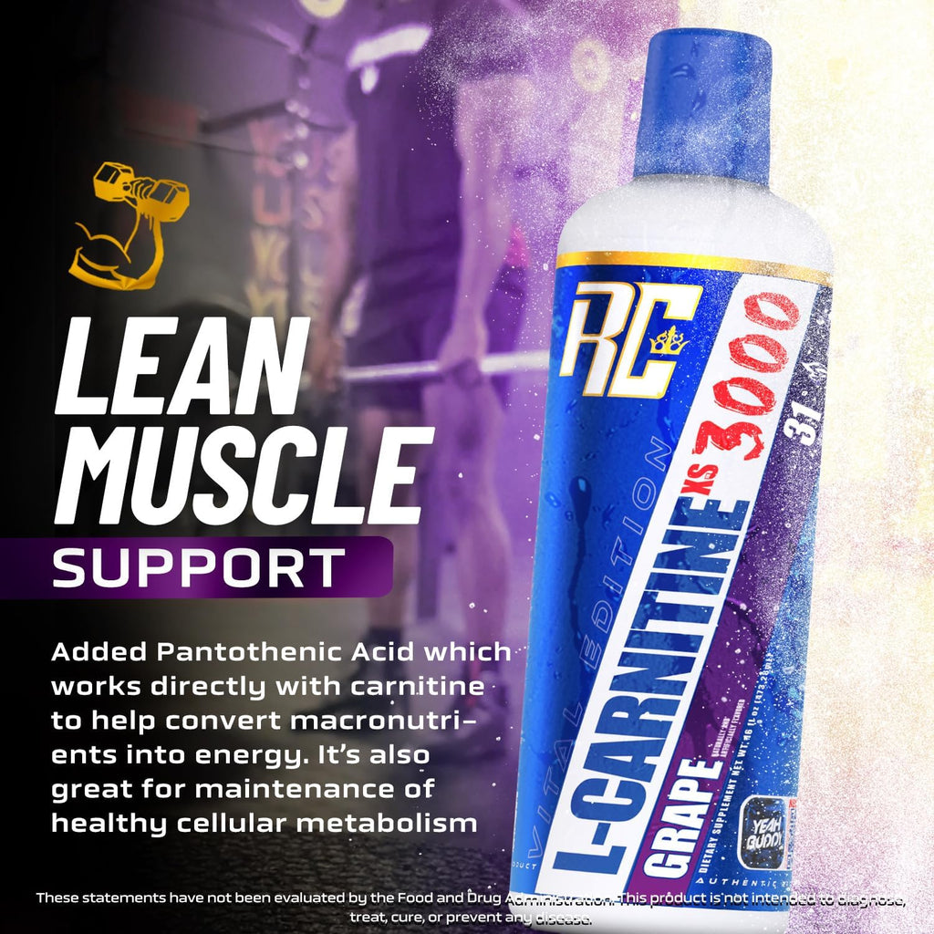 Ronnie Coleman Signature Series L-Carnitine XS 3000 Liquid, Amino Acids Metabolism and Lean Muscle Strength Support, Stimulant Free, Sugar Free, Zero Carbs, Grape, 16 Oz