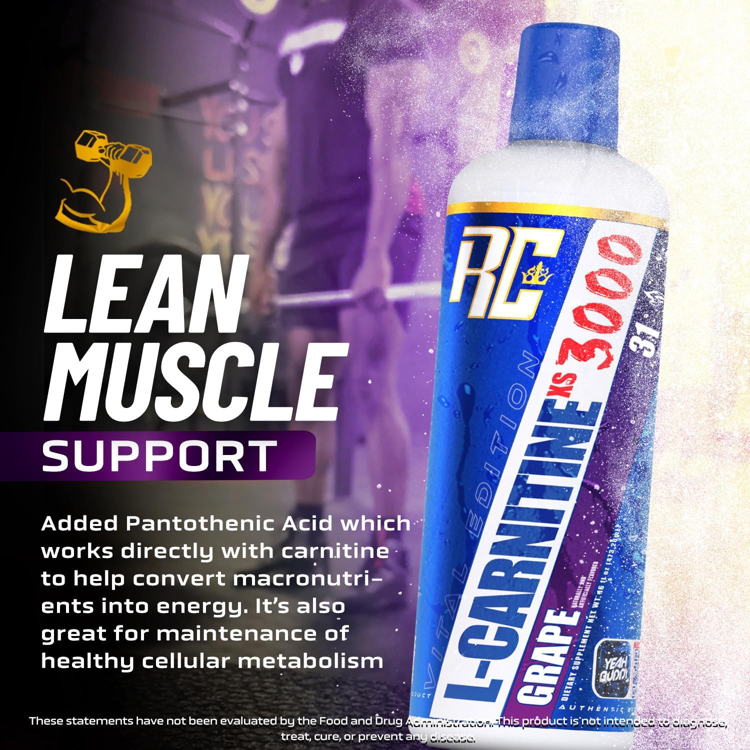 Ronnie Coleman Signature Series L-Carnitine XS 3000 Liquid, Amino Acids Metabolism and Lean Muscle Strength Support, Stimulant Free, Sugar Free, Zero Carbs, Grape, 16 Oz