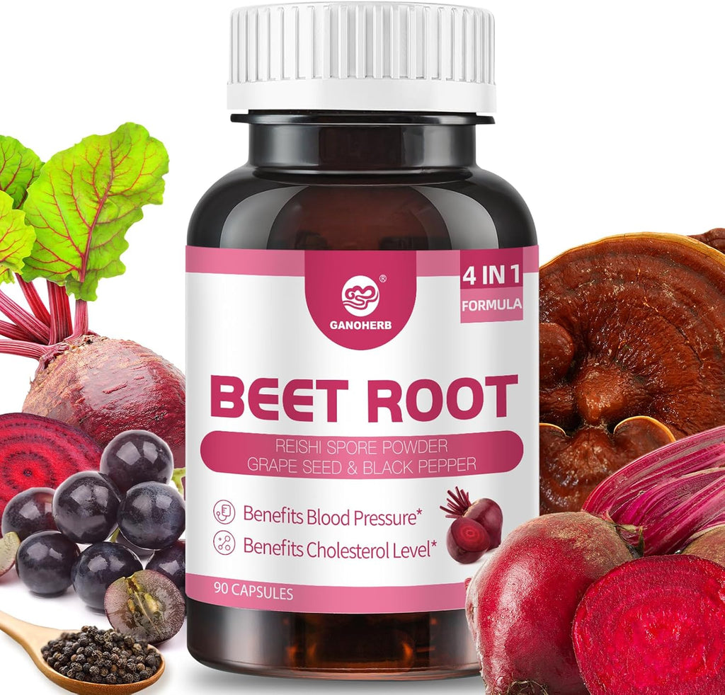 Beet Root Capsules 24000mg with Grape Seed Extract, Beetroot Supplement 4 in 1 with Reishi Mushroom, Black Pepper to Support Circulation, 90 Rapid Release Capsules