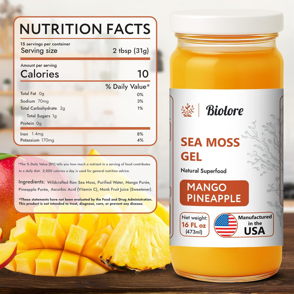 Biolore Wildcrafted Sea Moss Gel - Mango Pineapple 16 oz - Flavored Sea Moss Gel with Essential Vitamins & Trace Minerals - Vegan Superfood - Made in USA, Gluten-Free, No Added Sugar