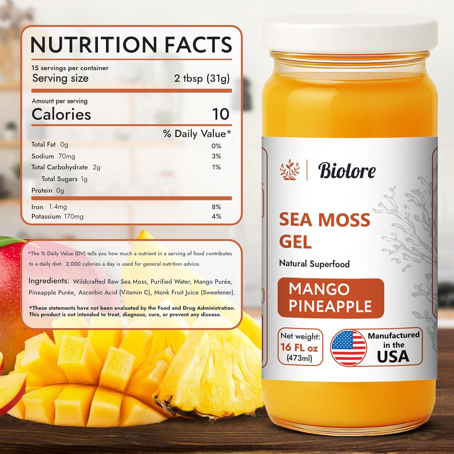 Biolore Wildcrafted Sea Moss Gel - Mango Pineapple 16 oz - Flavored Sea Moss Gel with Essential Vitamins & Trace Minerals - Vegan Superfood - Made in USA, Gluten-Free, No Added Sugar