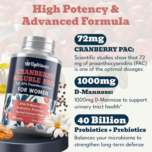 72mg PAC, Cranberry Pills for Women - Organic Cranberry Juice Extract Plus 1000mg D-Mannose, Supports Urinary Tract Health, Cranberry Supplement - 180 Capsules