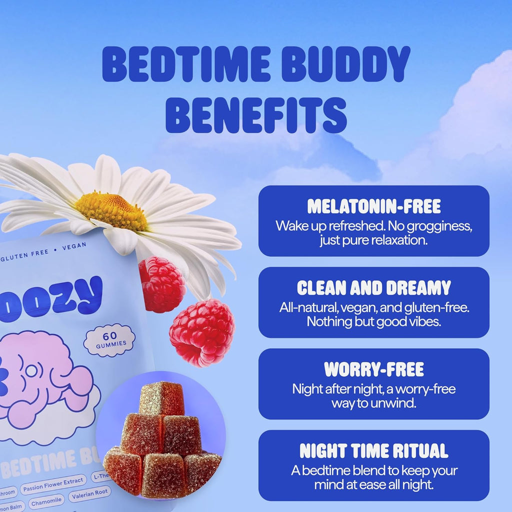 Snoozy Bedtime Buddy, Reishi Mushroom Sleep Gummies | Chamomile, Valerian Root, Lemon Balm Extract | Natural Sleep Aid, Melatonin Free | Raspberry Flavored, 60 Gummies, 1 Pack