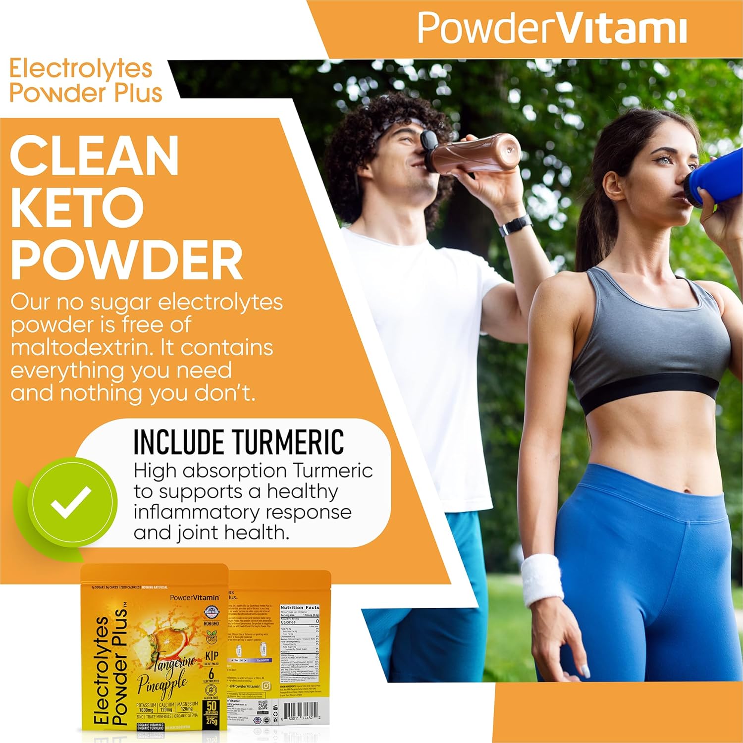 PowderVitamin Electrolytes Powder Plus (50 Servings) Tangerine Pineapple Electrolyte Powder 0 Calorie Keto, 0 Sugar, No Maltodextrin,1000mg Potassium,120mg Calcium,120mg Magnesium, Hydration Powder